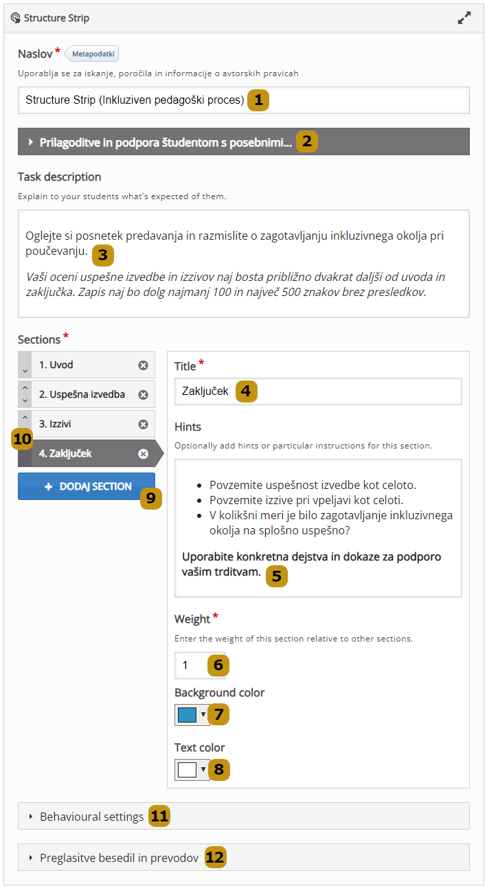Možnosti nastavitev v aktivnosti Structure Strip (slov. Strukturni trak)