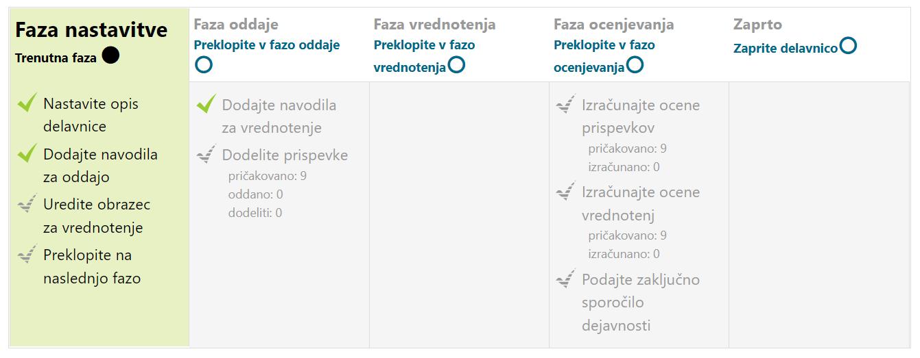 Pregled nad fazami dejavnosti Delavnica