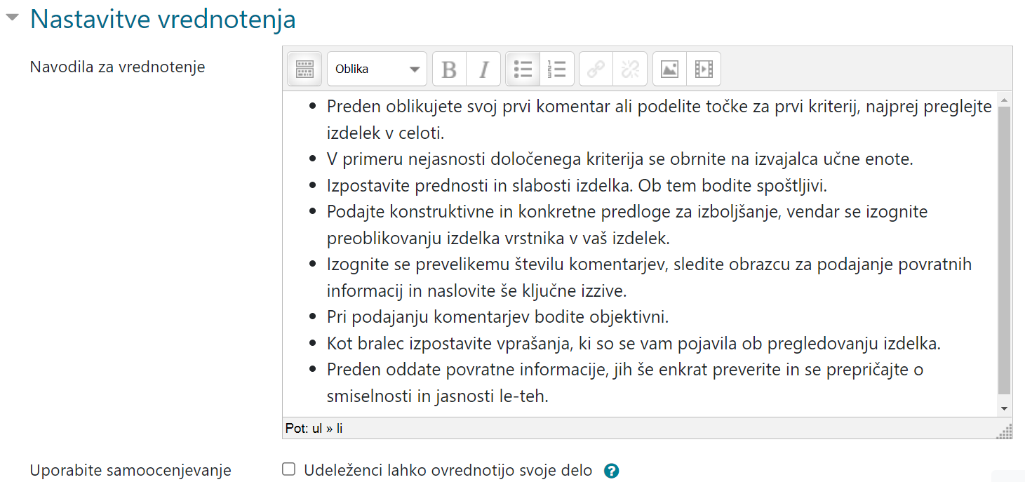 Nastavitve vrednotenja