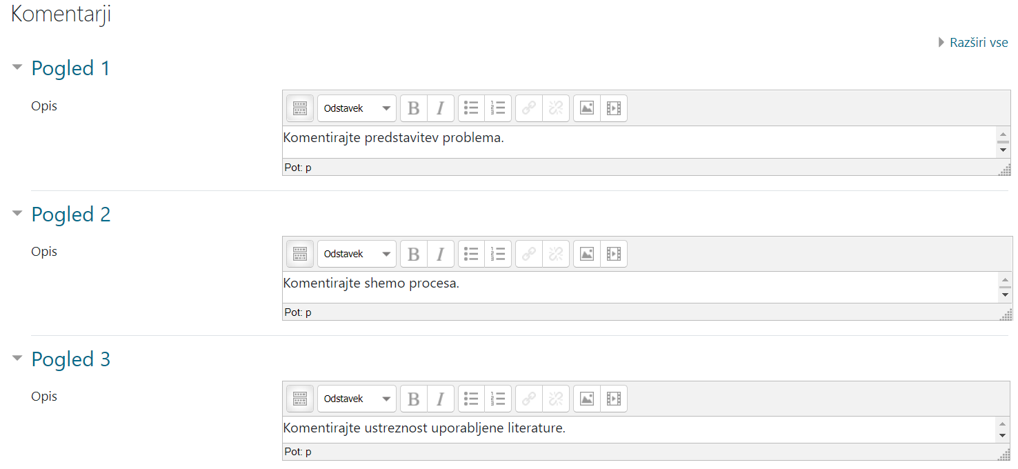 Opredelitev pogledov v obrazcu ovrednotenja s komentarji